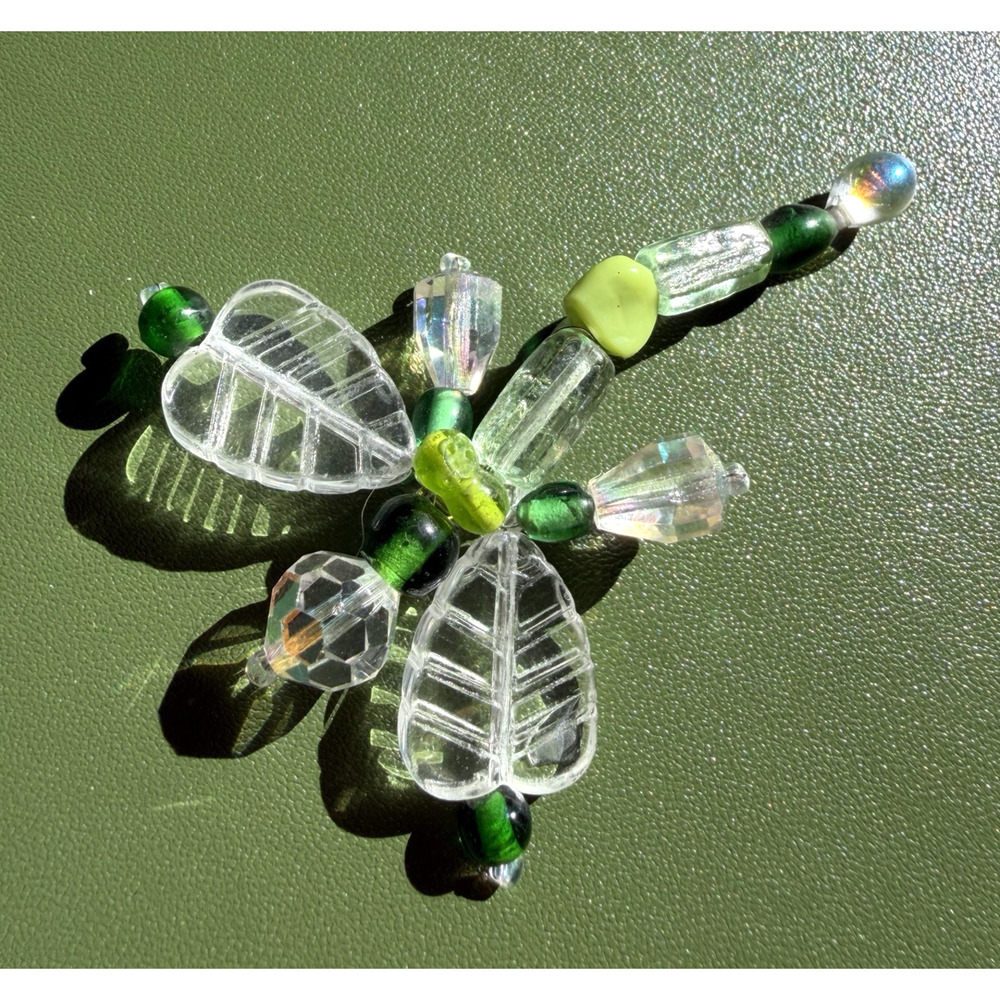 Vintage Beaded Dragonfly Brooch Green Clear Crystal Glass Pin 2.5”